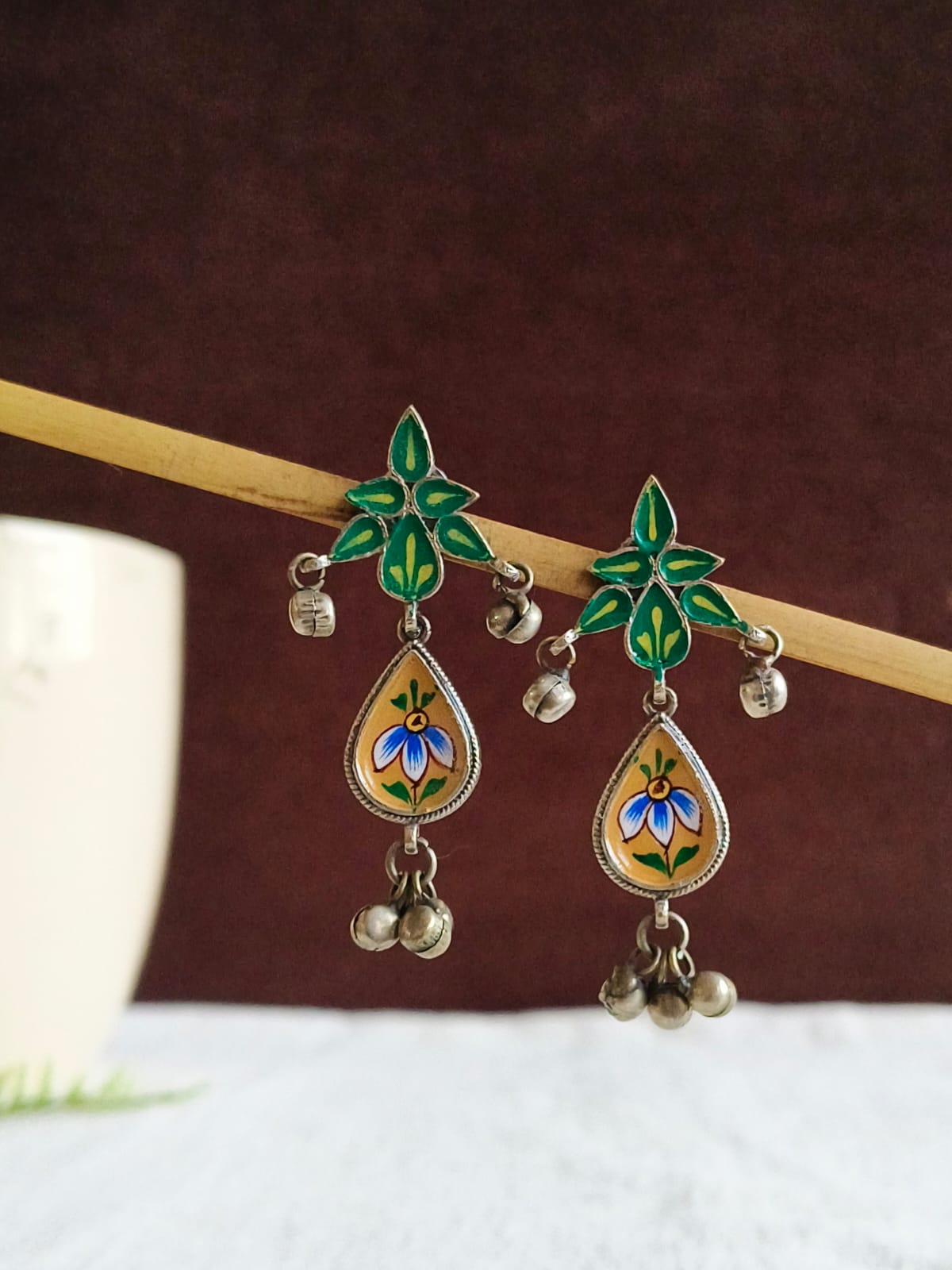 Hand-Painted Meenakari Floral Oxidized Silver Earring