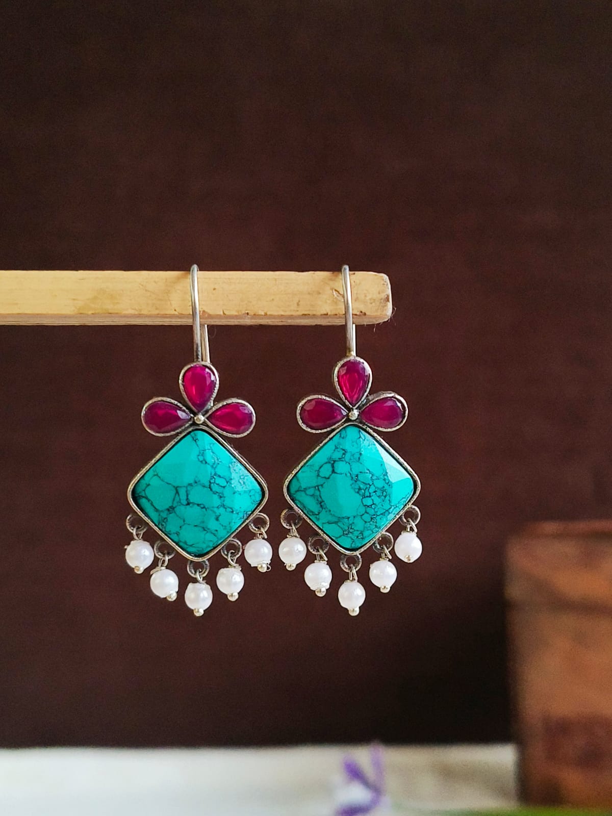 Premium Oxidized Monalisa Stone Hook Earrings | AMOLA