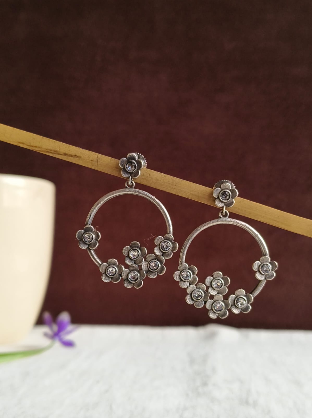 Floral Oxidized Silver Drop Earrings | AMOLA