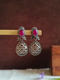 Antique Oxidized Silver Pink Ruby Drop Earrings | AMOLA