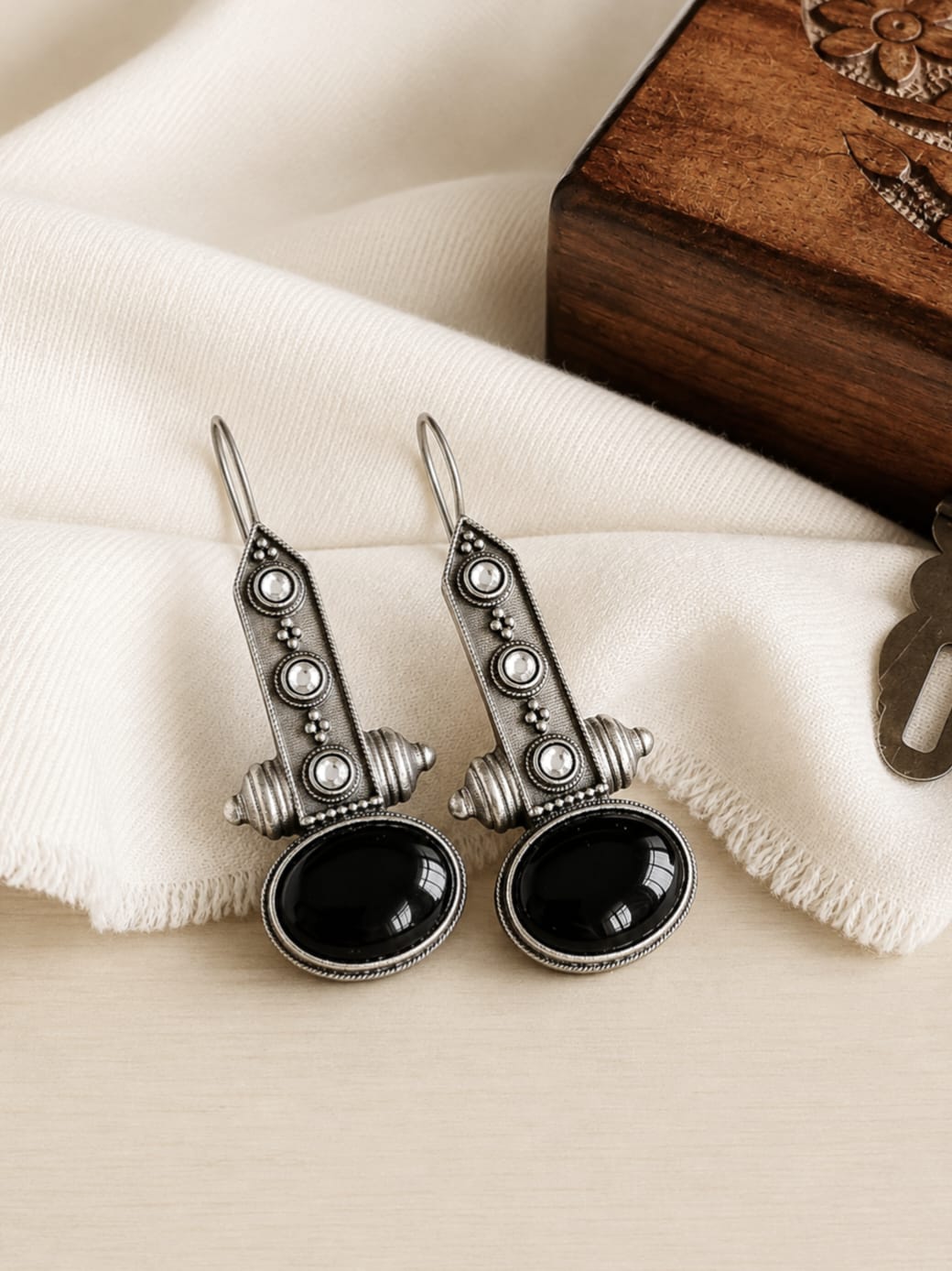 Antique Oxidized Oval Stone Hook Earrings | AMOLA