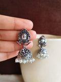 Elegant German Silver Pearl Jhumka Earrings with Intricate Floral Design | Sarichka