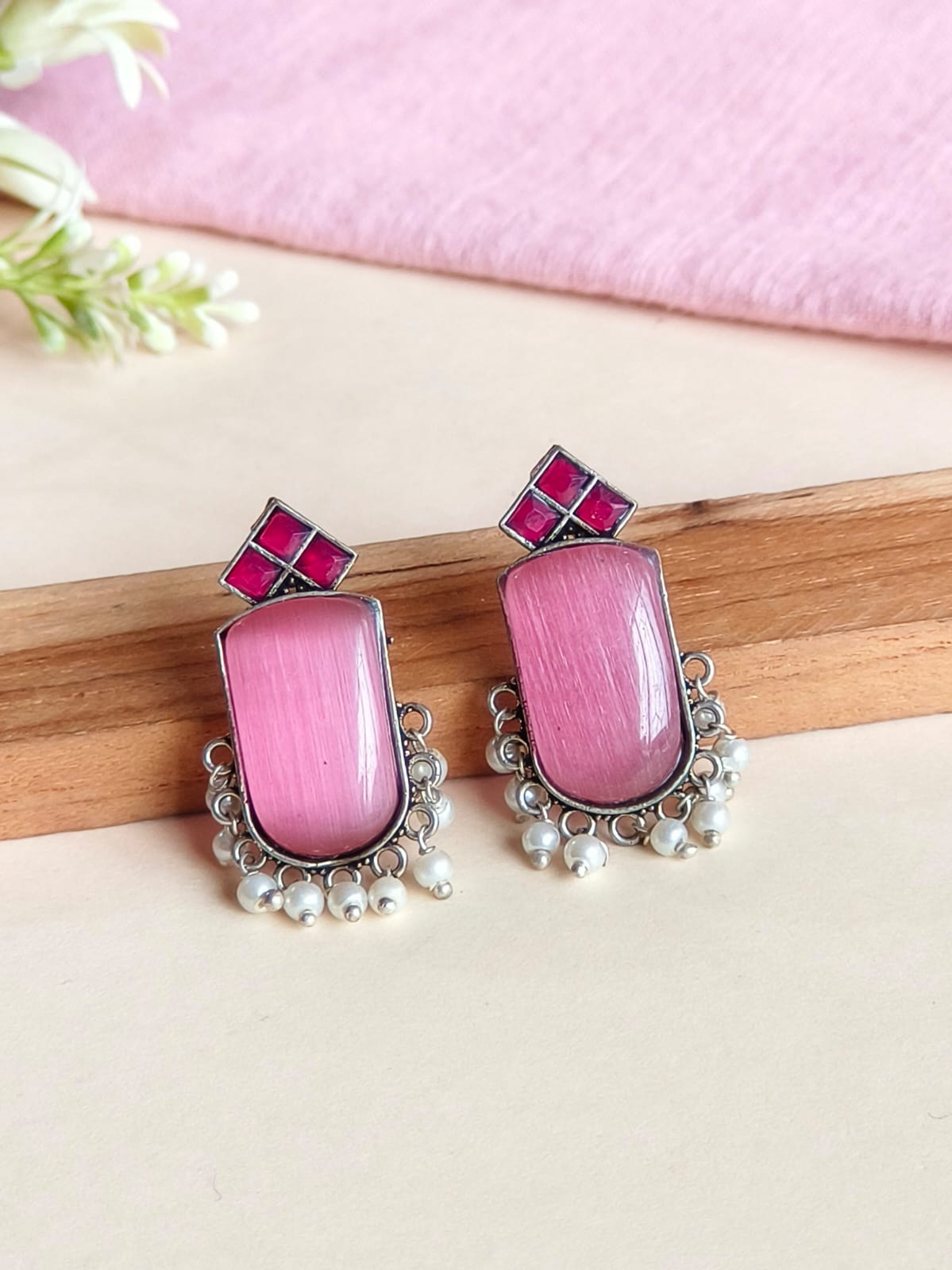 German Silver Monalisa Stud Earrings with Pearl Drops Elegance | Sarichka