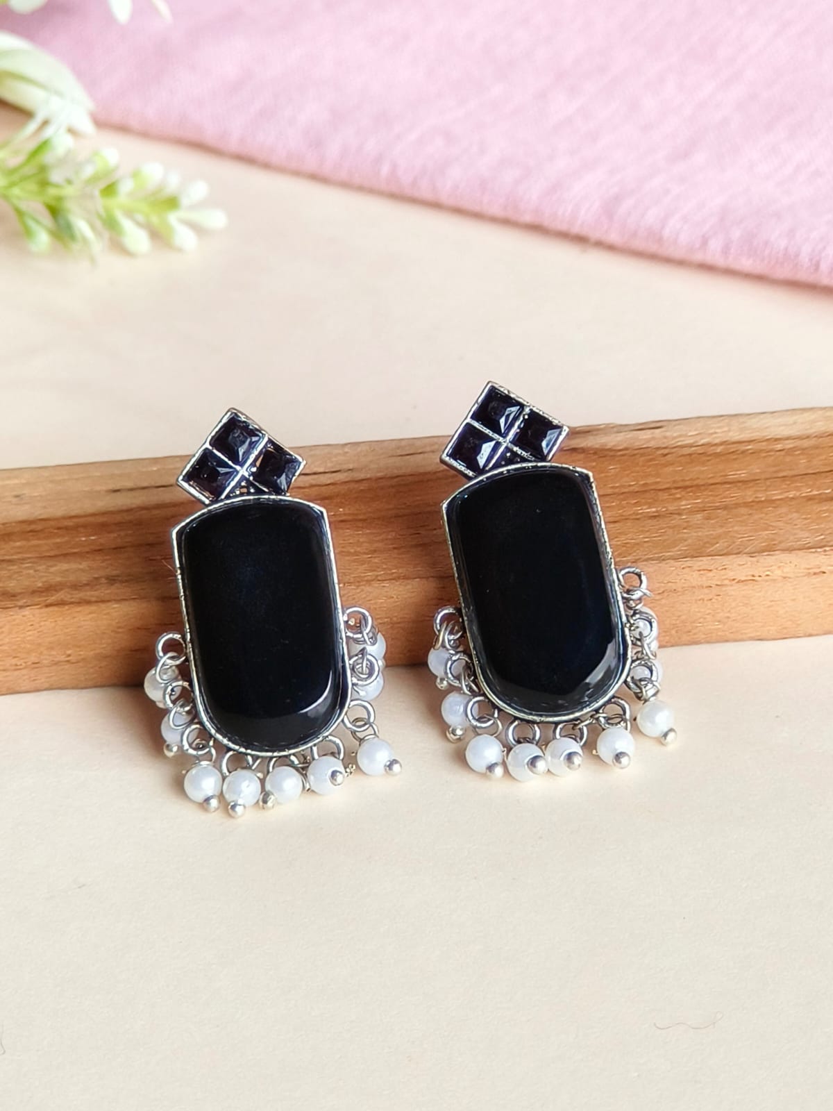 German Silver Monalisa Stud Earrings with Pearl Drops Elegance | AMOLA