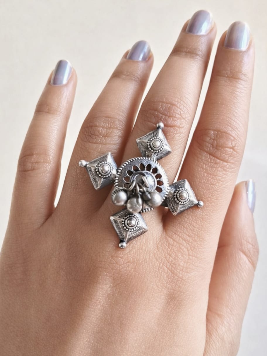 Premium Quality Silver Plated Adjustable Finger Ring with Ghungroo | Sarichka