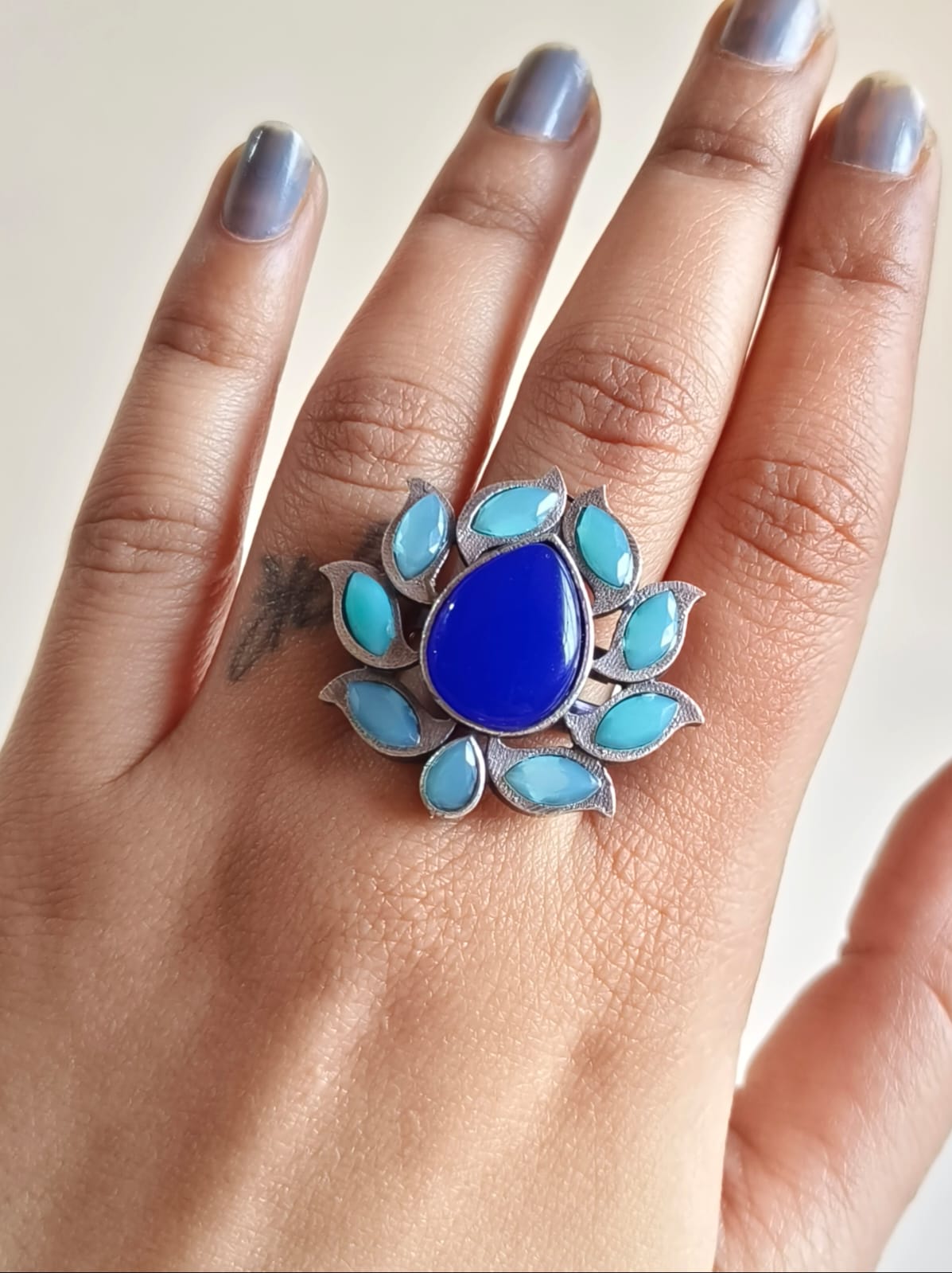 Stone Stud Lotus Oxidised Rings | Sarichka