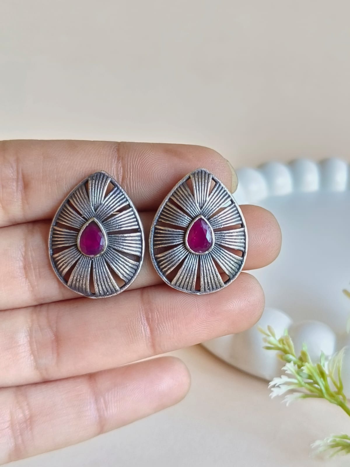 Elegant Teardrop Oxidised Silver Stud Earrings | AMOLA