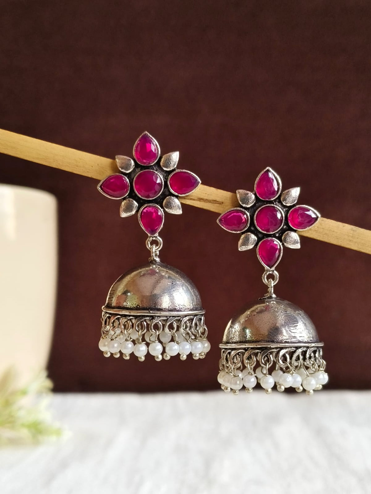 Trendy German Silver Pearl Jhumka Earrings for Elegant Style | AMOLA