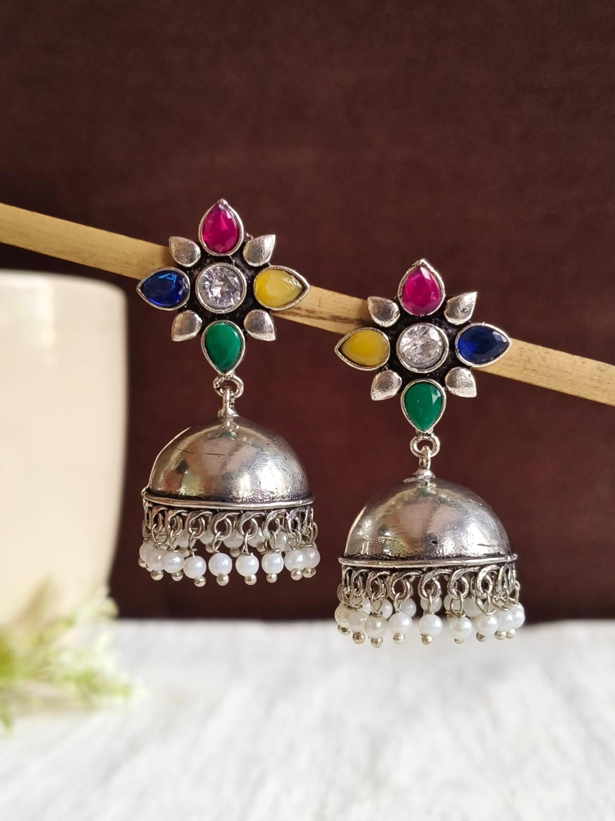 Trendy German Silver Pearl Jhumka Earrings for Elegant Style | AMOLA