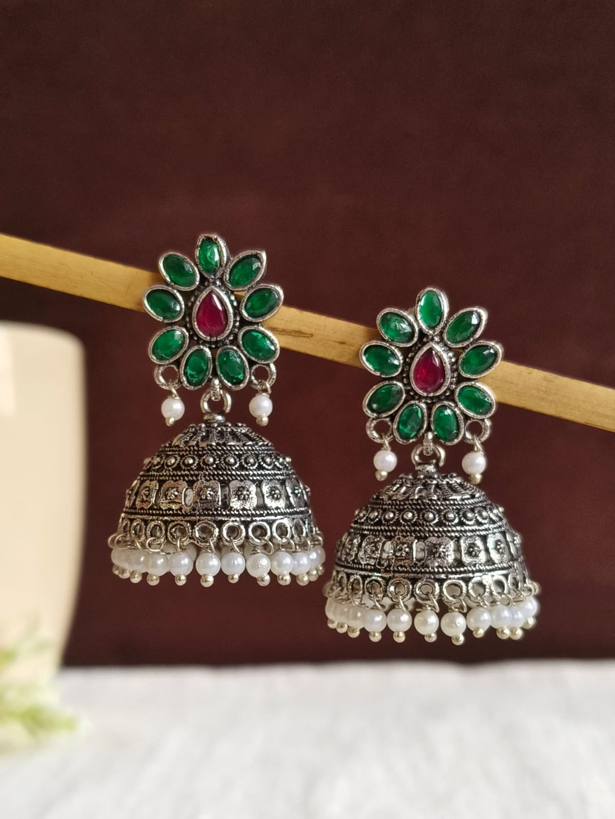Oxidised Pearl & Stone Jhumka Earrings for Elegant Occasions | AMOLA