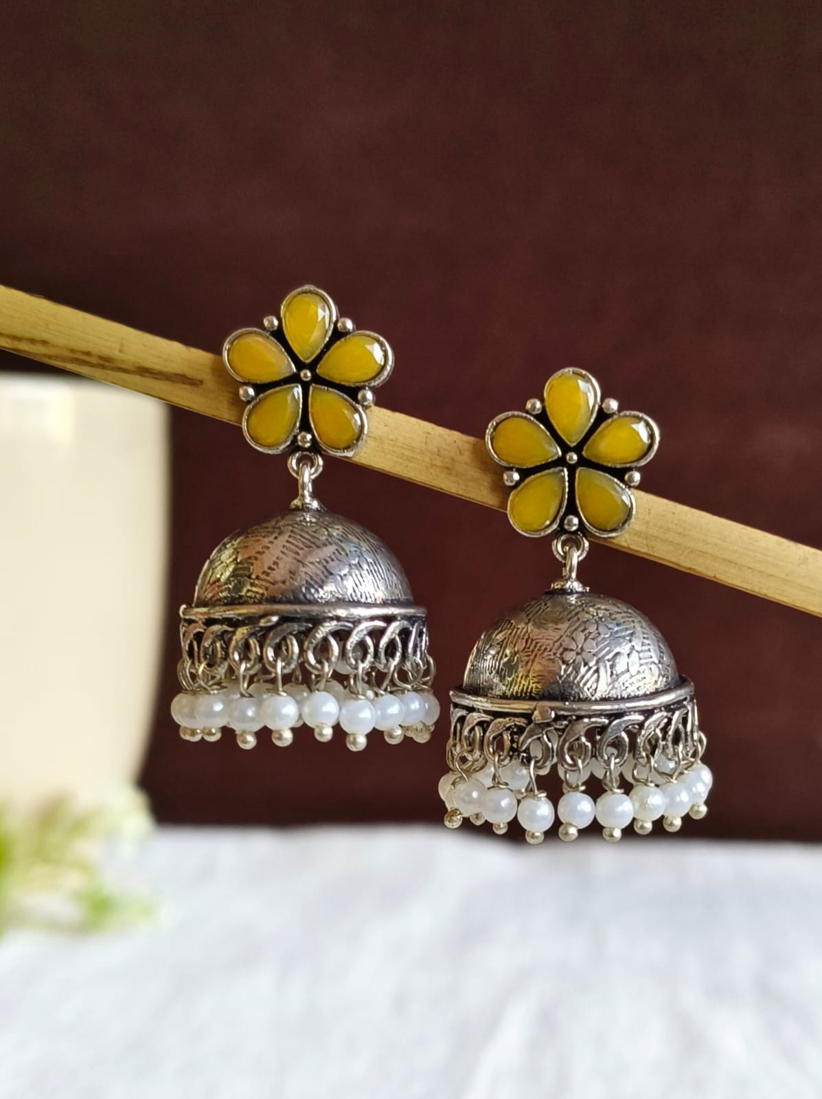 German Silver High-Quality Pearl Floral Jhumka Earrings Ethnic Wear | AMOLA