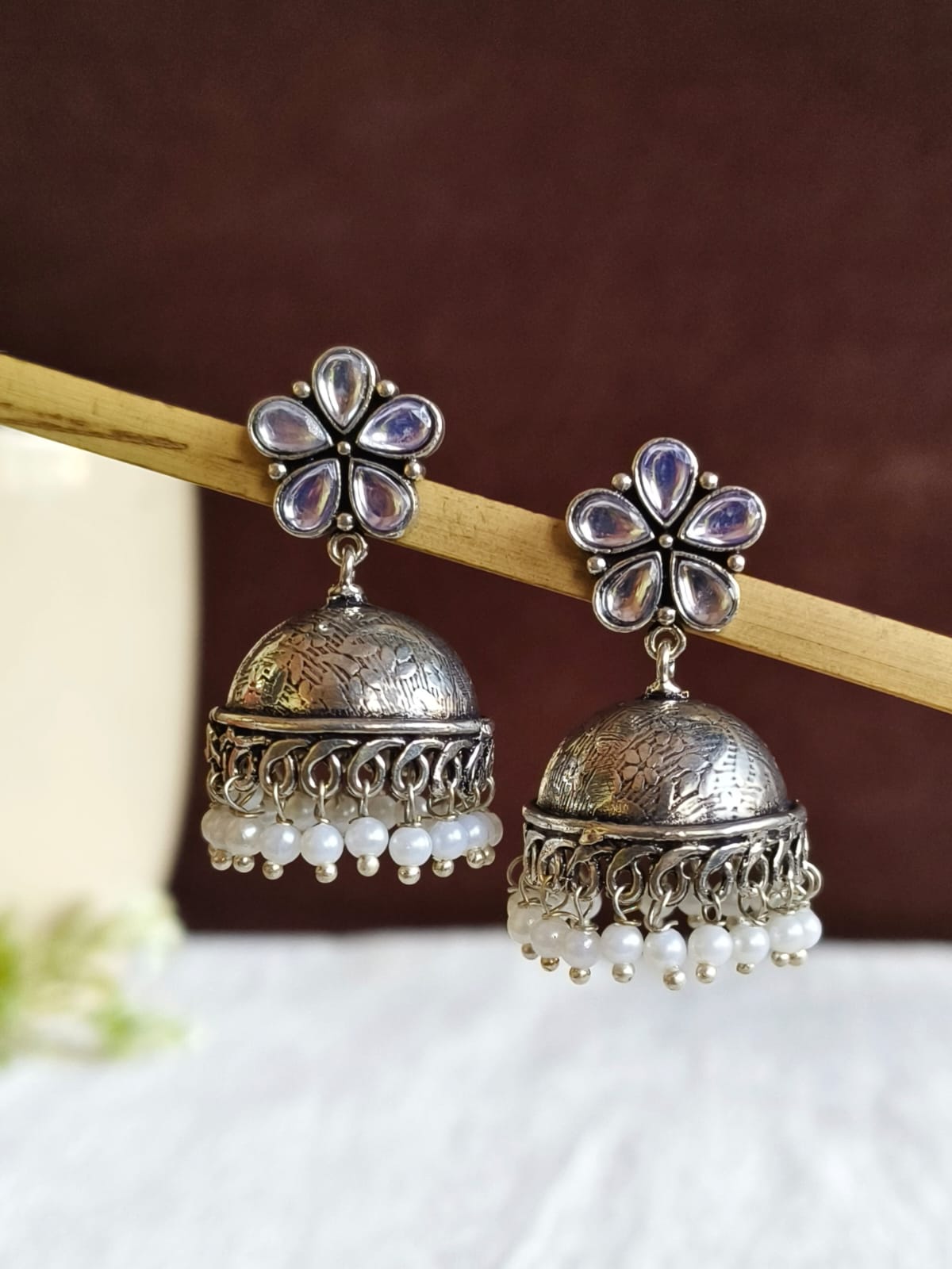 German Silver High-Quality Pearl Floral Jhumka Earrings Ethnic Wear | AMOLA