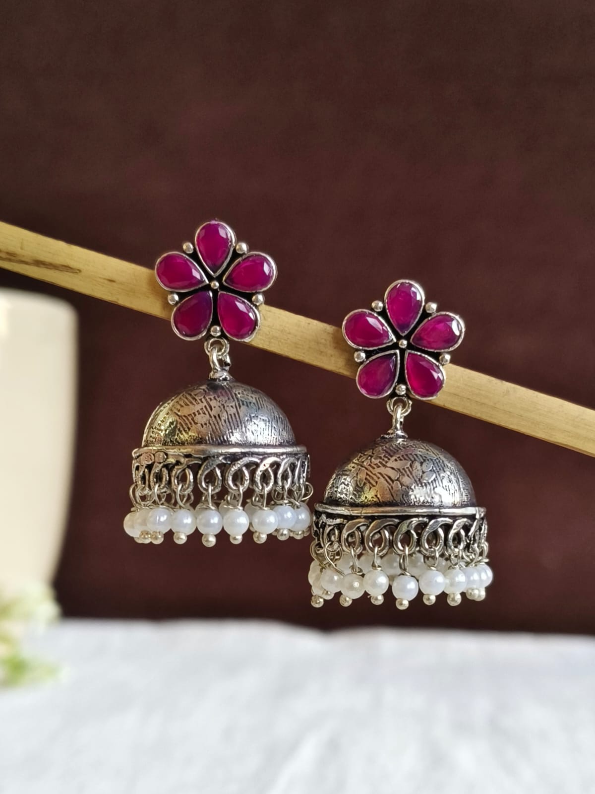 German Silver High-Quality Pearl Floral Jhumka Earrings Ethnic Wear | AMOLA