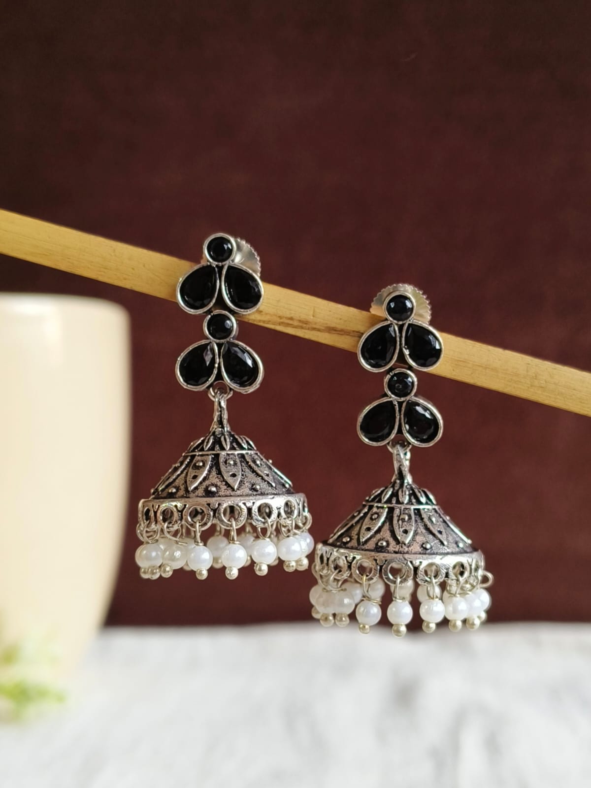 Brass Black Oxidised Jhumka | AMOLA
