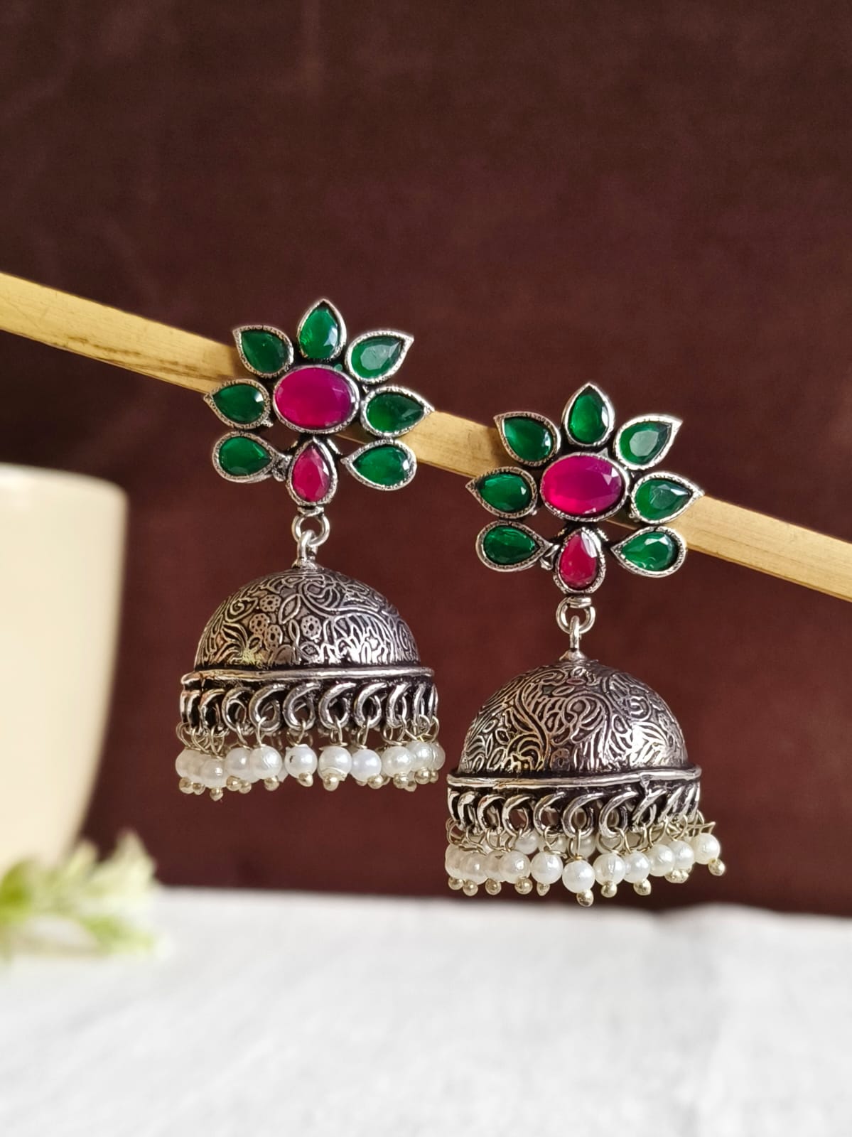 Stone Studded Oxidised Pearl Jhumka | AMOLA