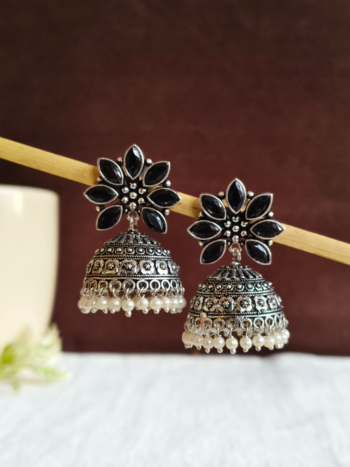 Oxidised German Silver Party Wear Pearl Jhumkas for Elegant Look | AMOLA