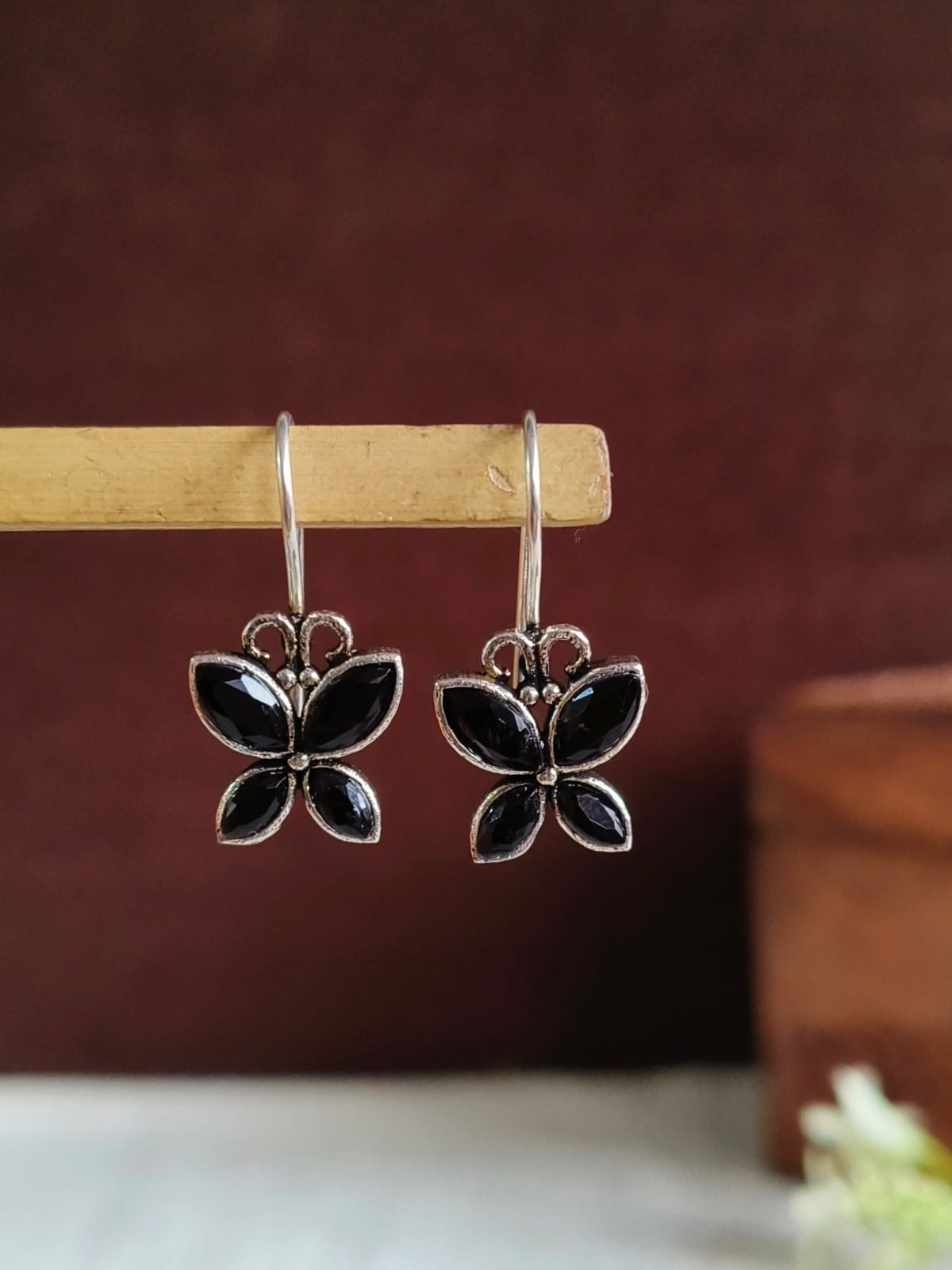 Oxidized Butterfly Style Stone Hook Earrings for Daily Wear | AMOLA