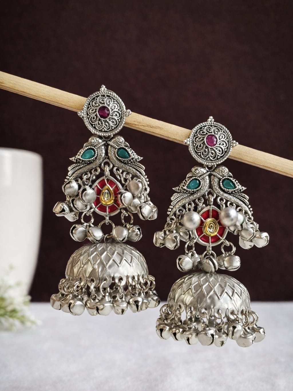 Oxidized Silver Peacock Jhumka Earrings | AMOLA