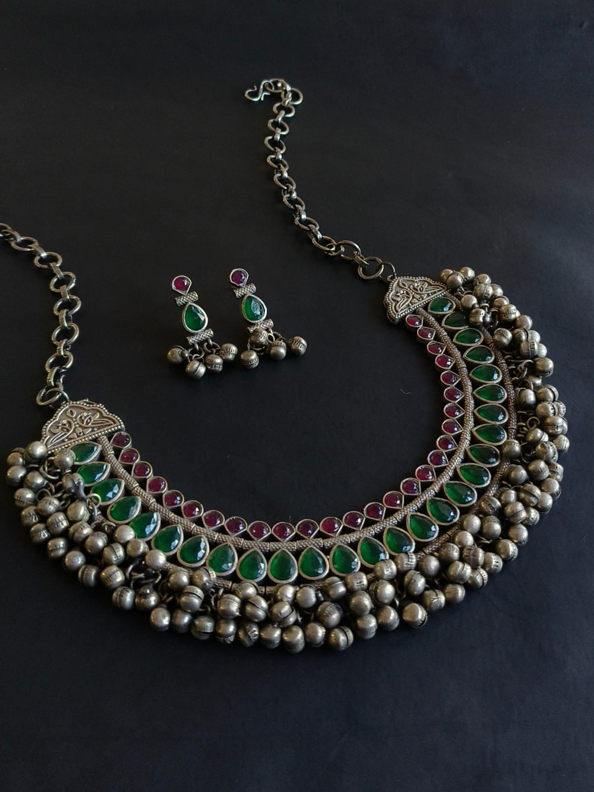 Traditional Silver Replica Oxidised Stones Necklace Set with Ghungroos | AMOLA