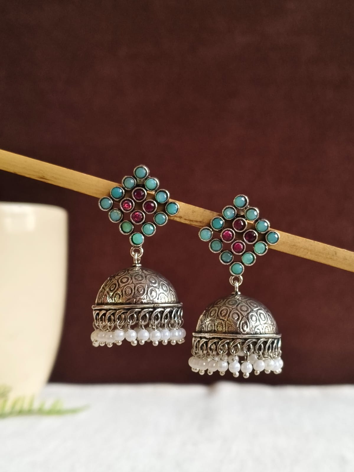 Pearl & Stone Oxidized Jewellery Earrings | AMOLA
