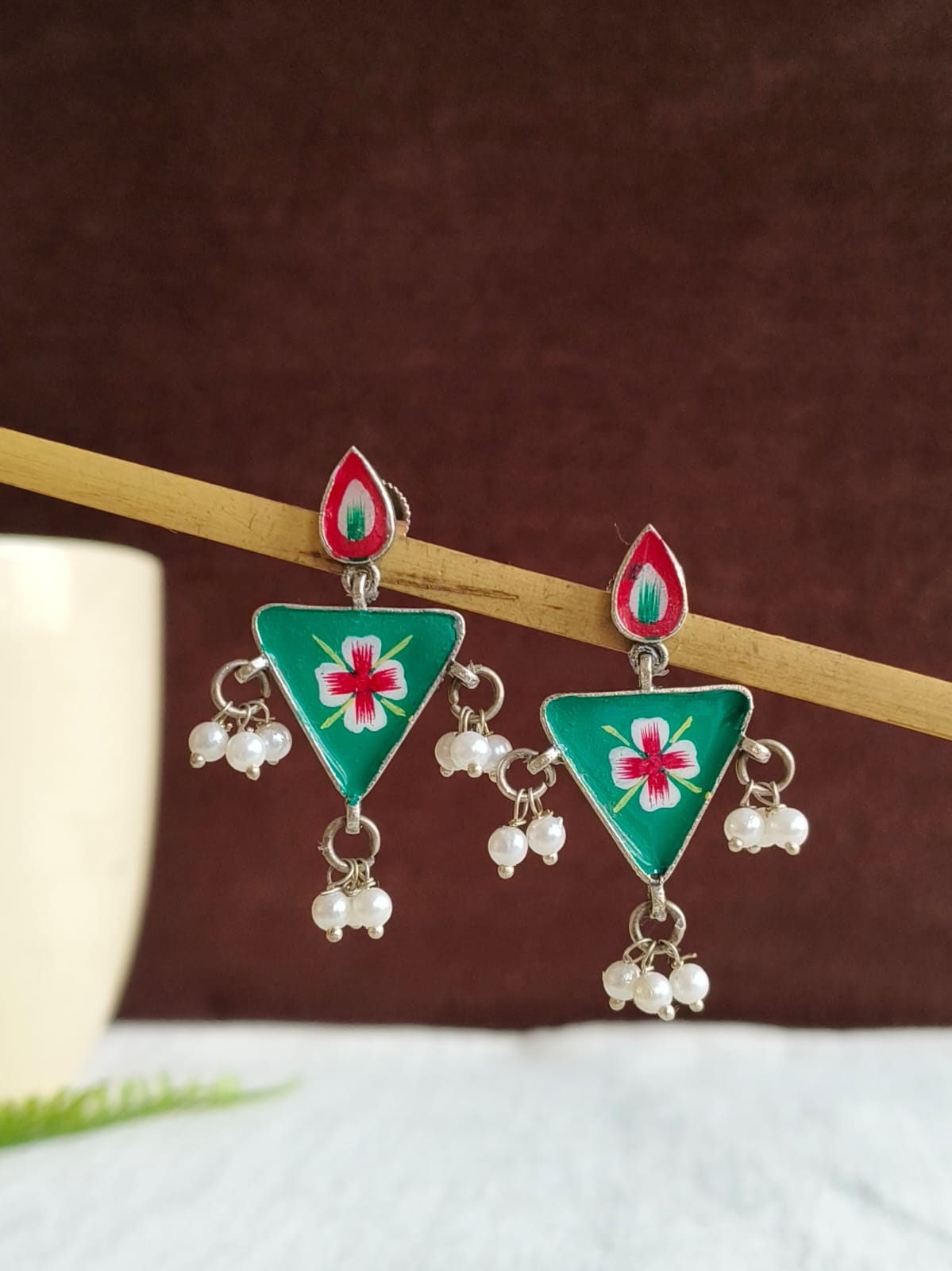 Hand-Painted Trikon Pearl Drop Earrings | AMOLA