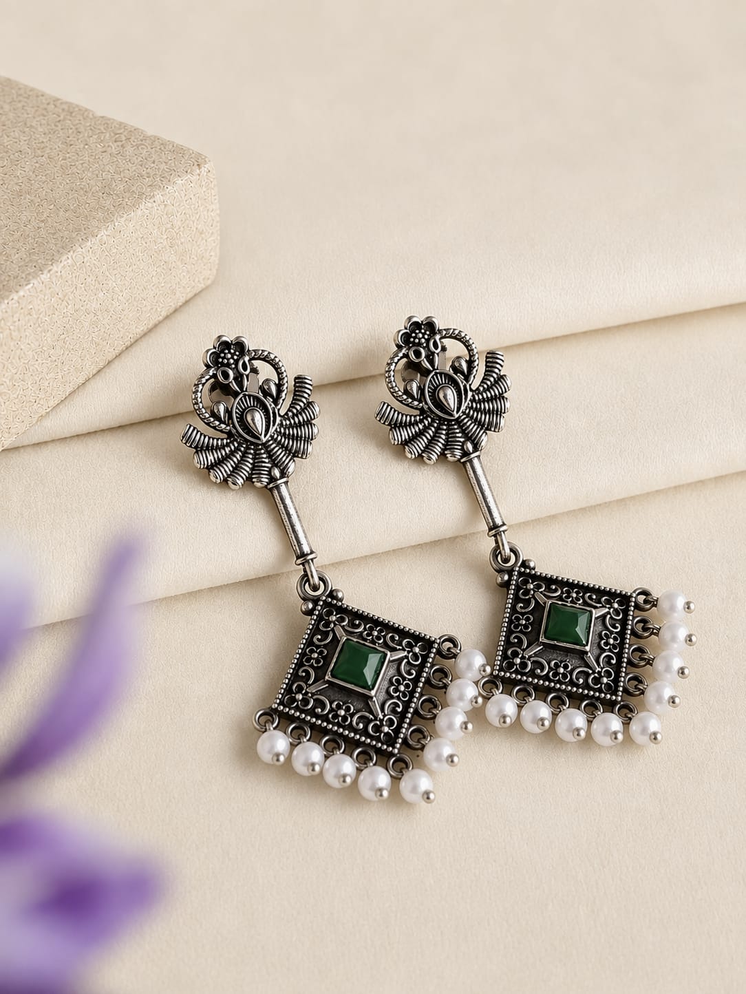 Oxidized Geometric Stone Pearl Drop Earrings | AMOLA