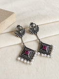 Oxidized Geometric Stone Pearl Drop Earrings | AMOLA