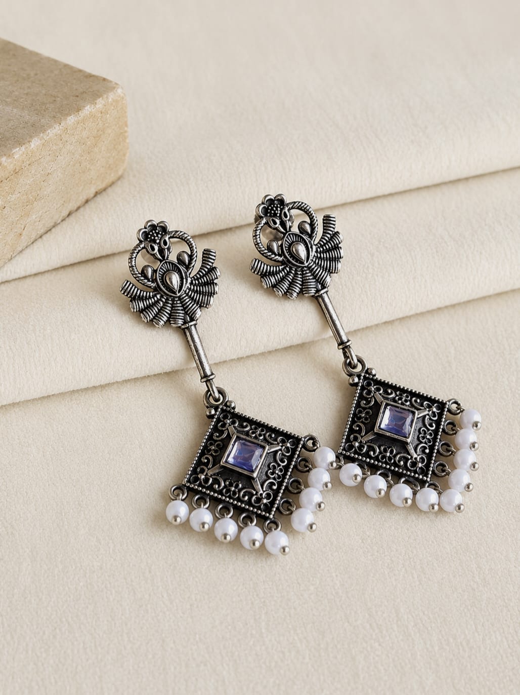 Oxidized Geometric Stone Pearl Drop Earrings | AMOLA