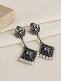 Oxidized Geometric Stone Pearl Drop Earrings | AMOLA