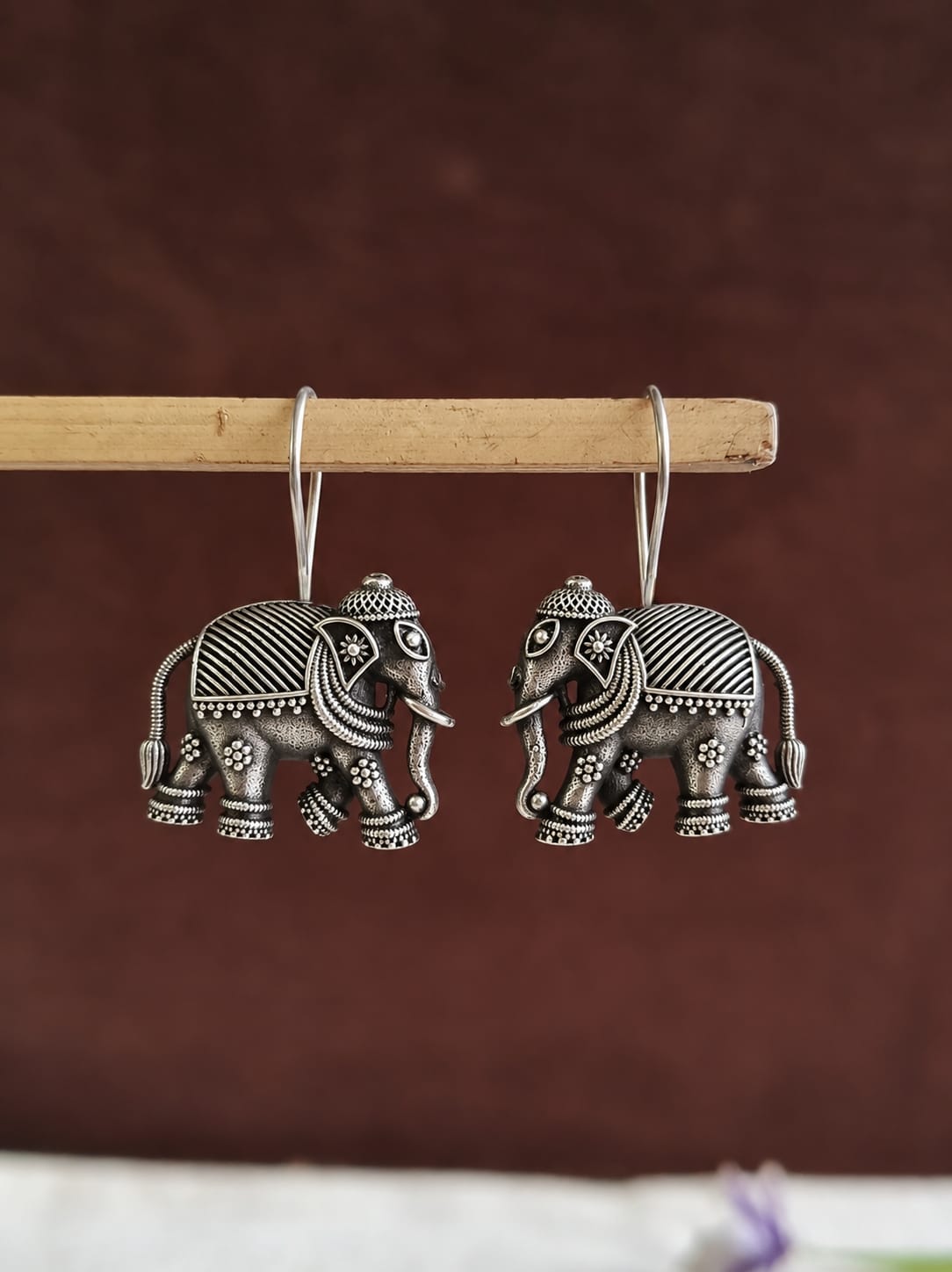 Silver Plated Oxidised Elephant Hook Earrings | AMOLA