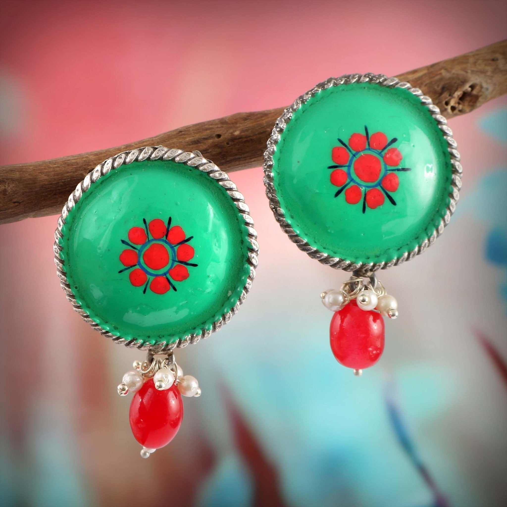 Brass Hand - Painted Oxidised Earrings Studs | Sarichka - Sarichka FashionSarichka Fashion