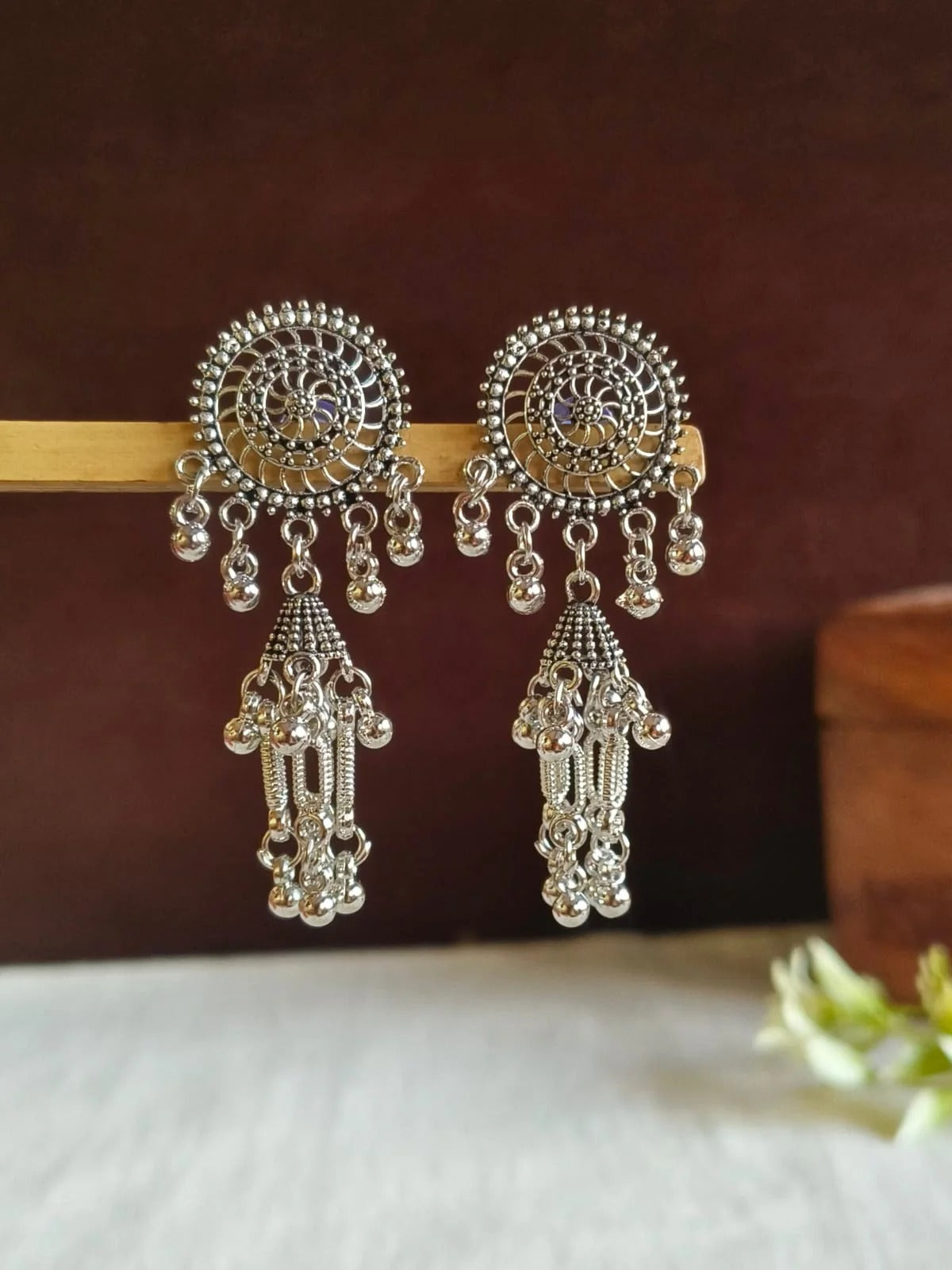 Floral Chain Oxidized Jhumka Dangler Earrings | AMOLA