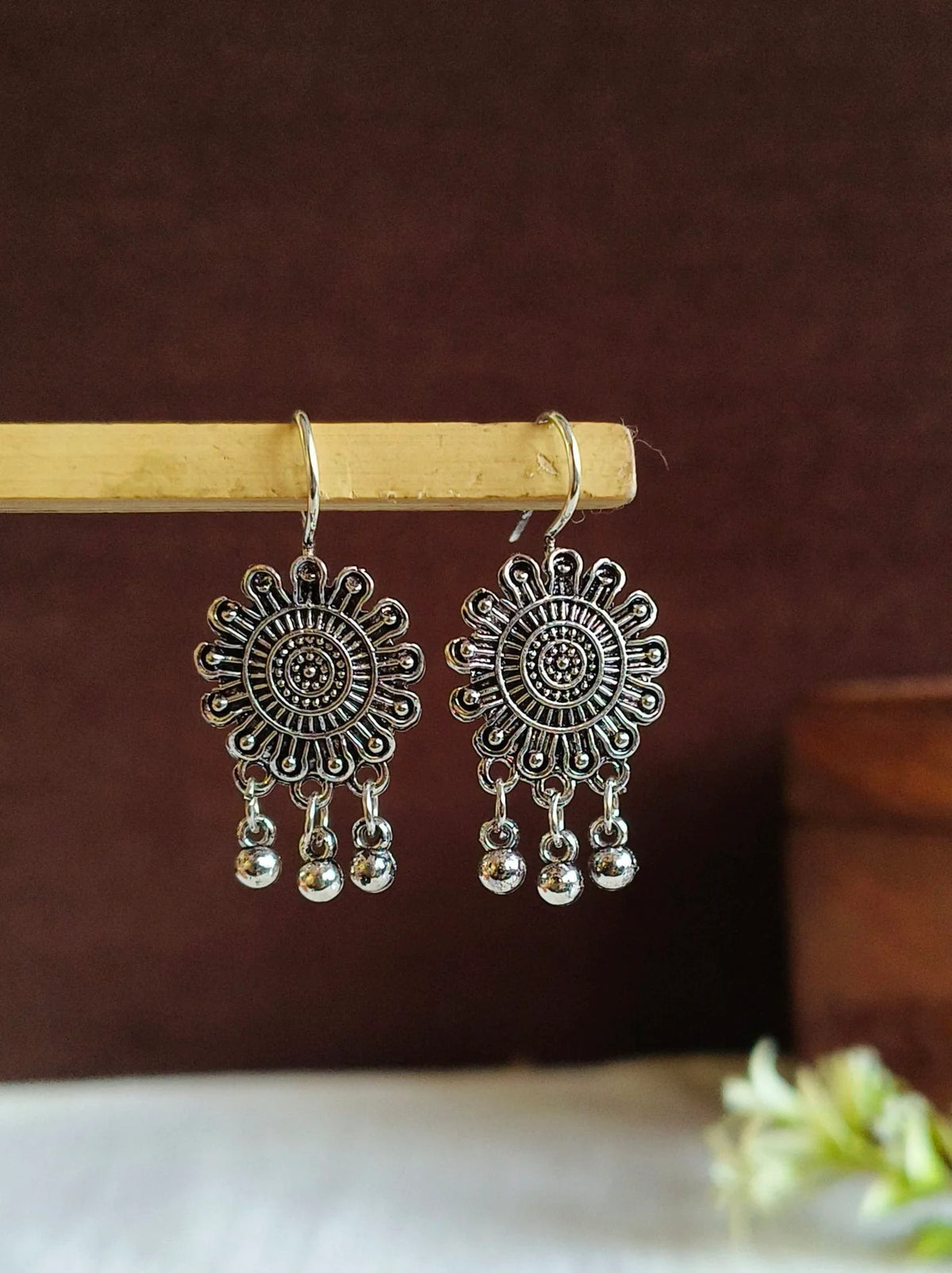 Floral Oxidized Silver Hook Drop Earrings | AMOLA